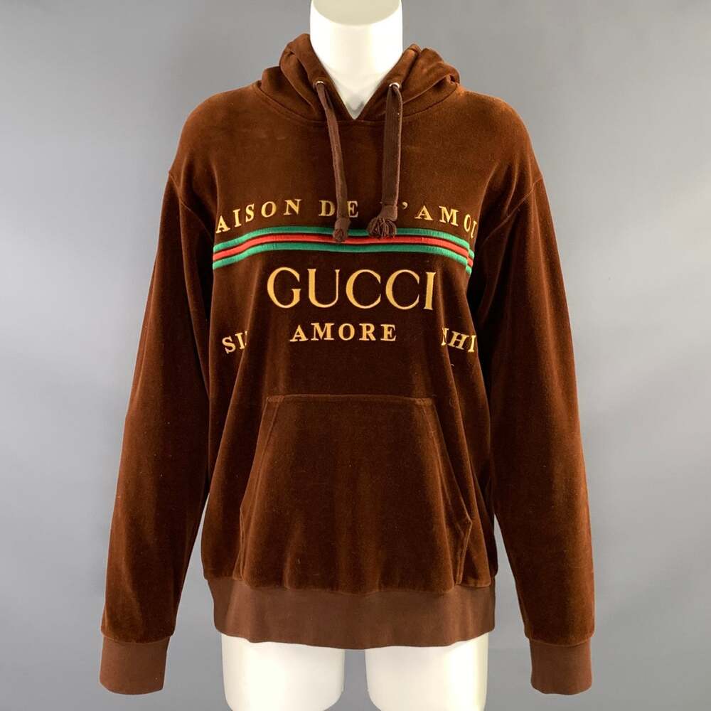 GUCCI Size S Brown Yellow Cotton Blend Logo Hooded Pullover